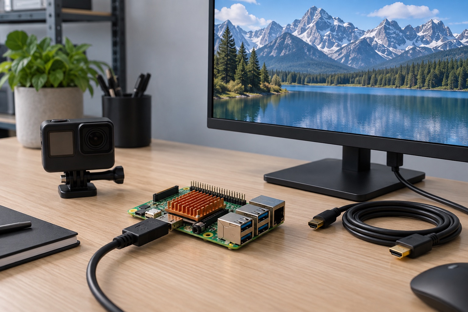 Illustrative media computer with a copper heatsink connected to a monitor displaying a mountain scene