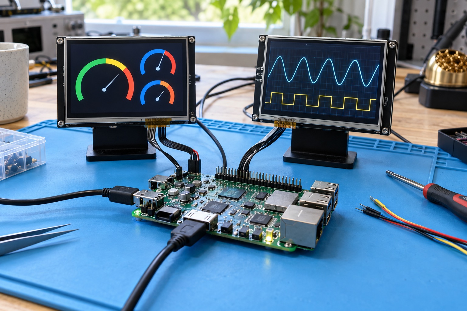 Illustrative embedded board connected to two compact displays showing gauges and a waveform