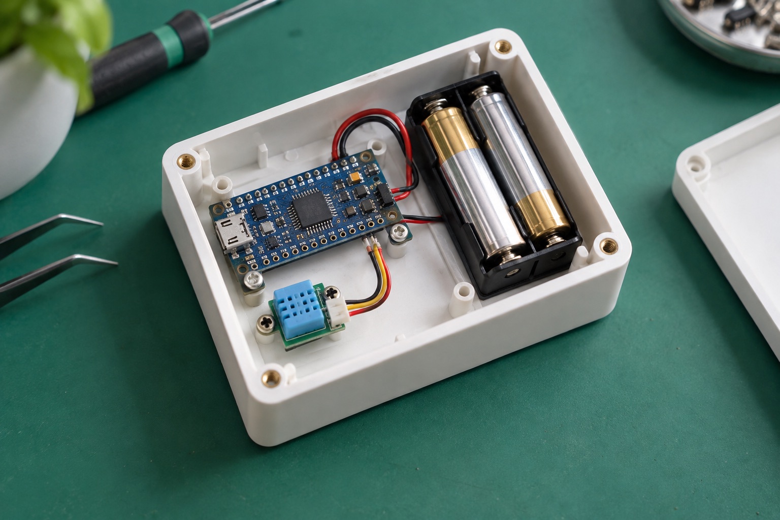 Illustrative compact wireless sensor prototype with battery holder in an open enclosure