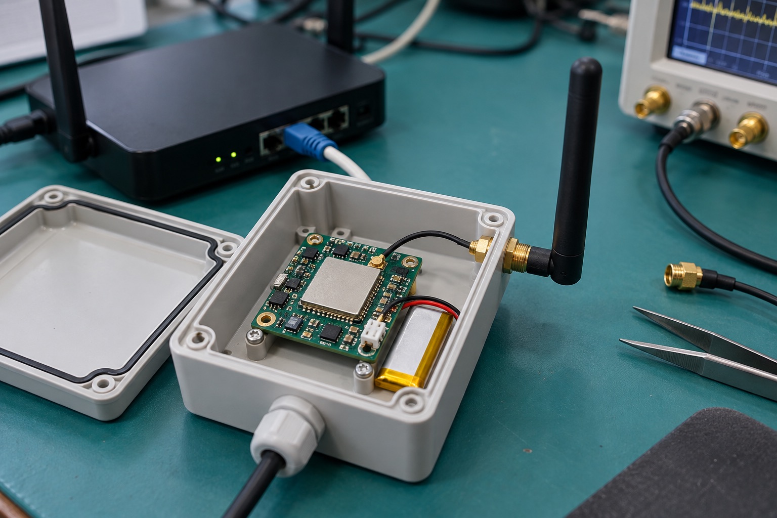 Illustrative wireless MCU board and antennas undergoing dual-band connectivity testing