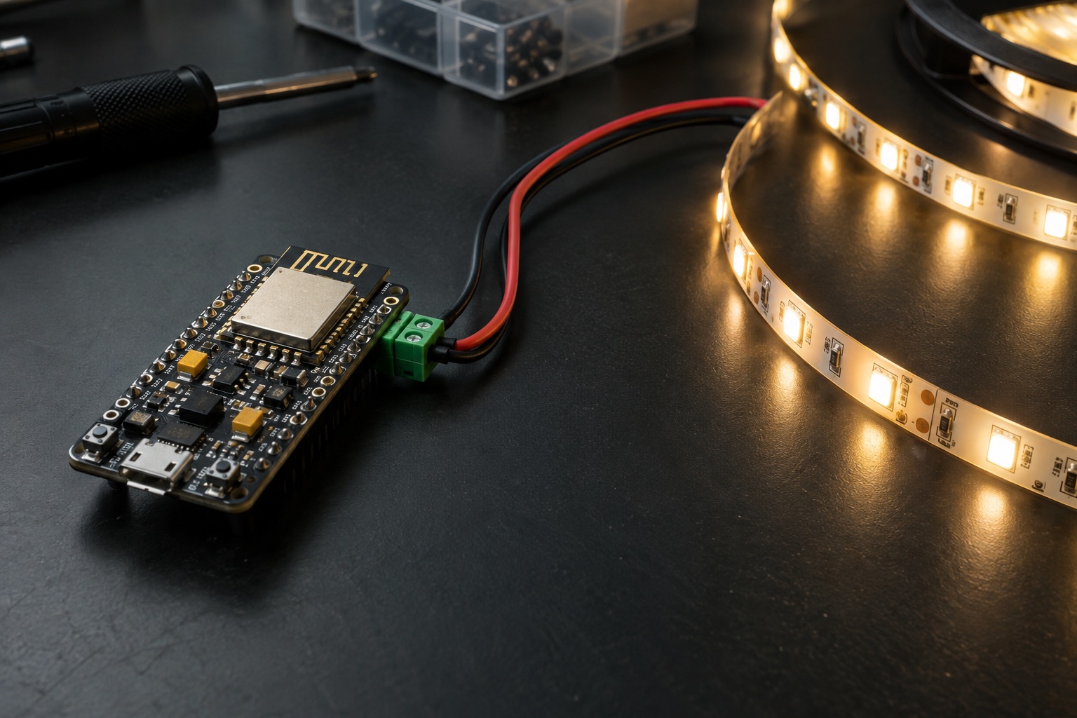 Illustrative low-voltage connected lighting controller beside an illuminated LED strip
