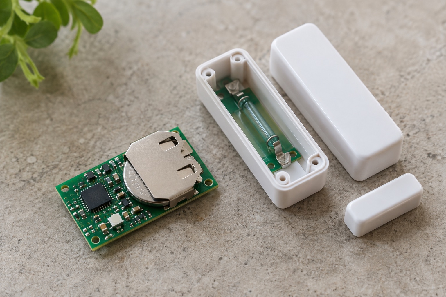 Illustrative mesh sensor board beside a coin-cell holder and an open door-contact enclosure