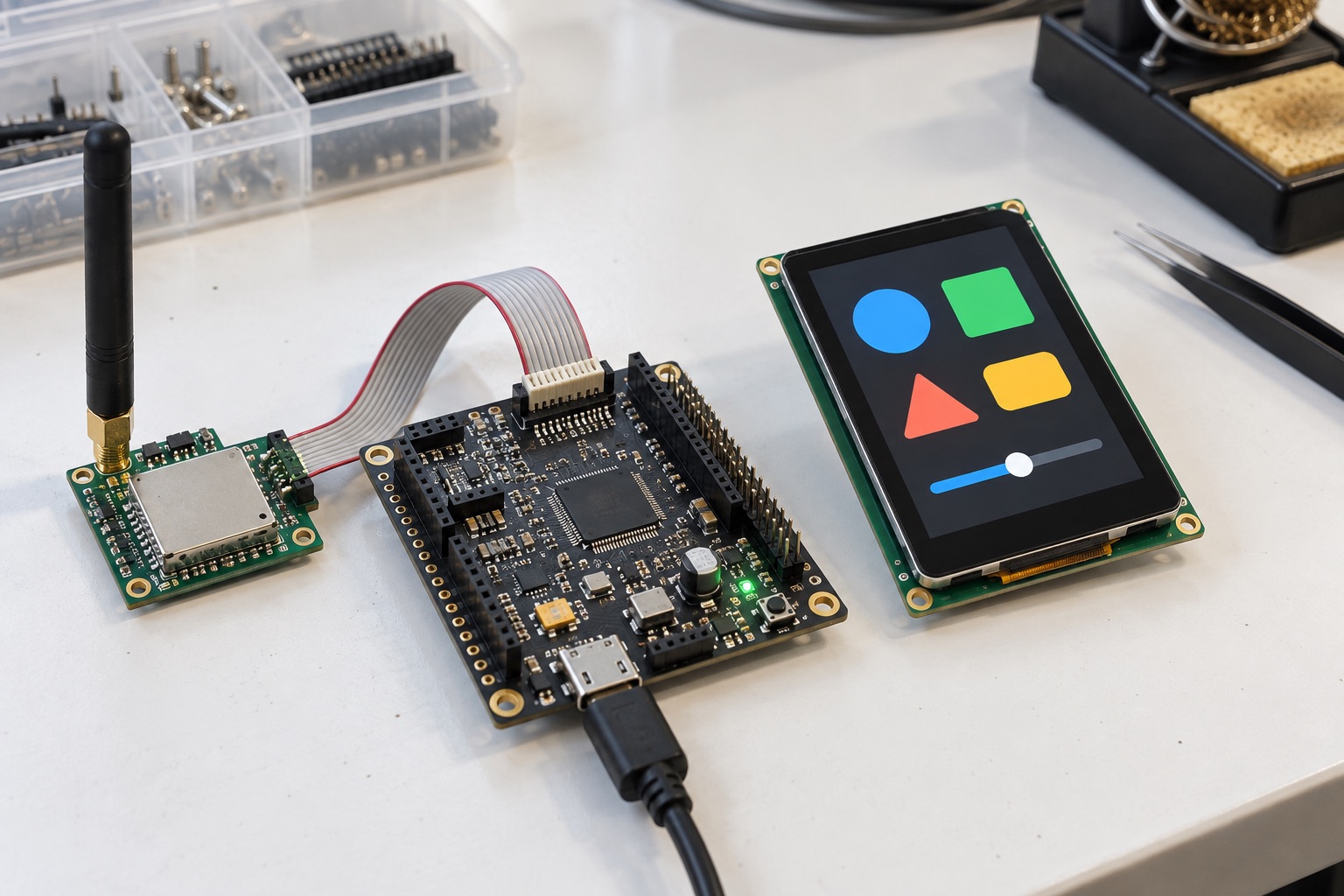 Illustrative touchscreen controller with a ribbon cable and companion wireless module on a bench
