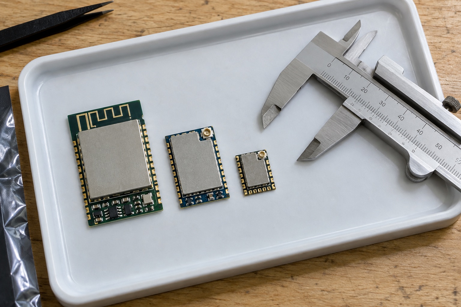 Illustrative wireless modules of different sizes arranged in one antistatic tray beside a caliper