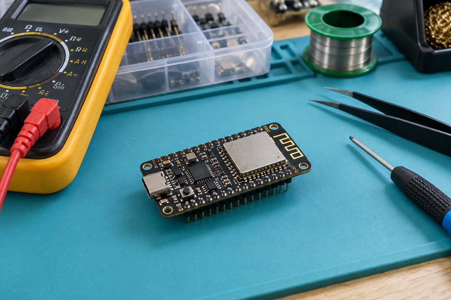 Illustrative wireless microcontroller board beside measurement equipment on an electronics workbench