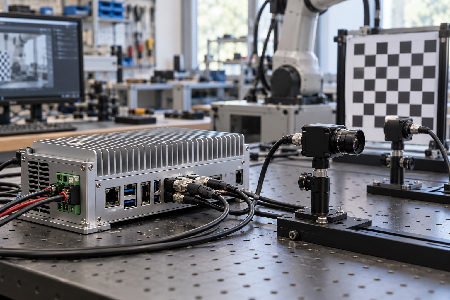 Illustrative compact edge AI workstation connected to robotic sensing equipment on a development bench