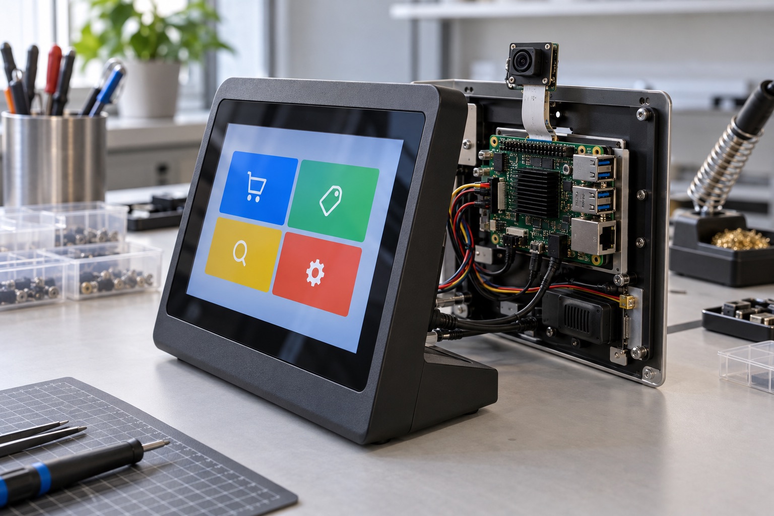 Illustrative connected retail panel with exposed processing hardware and a small camera module