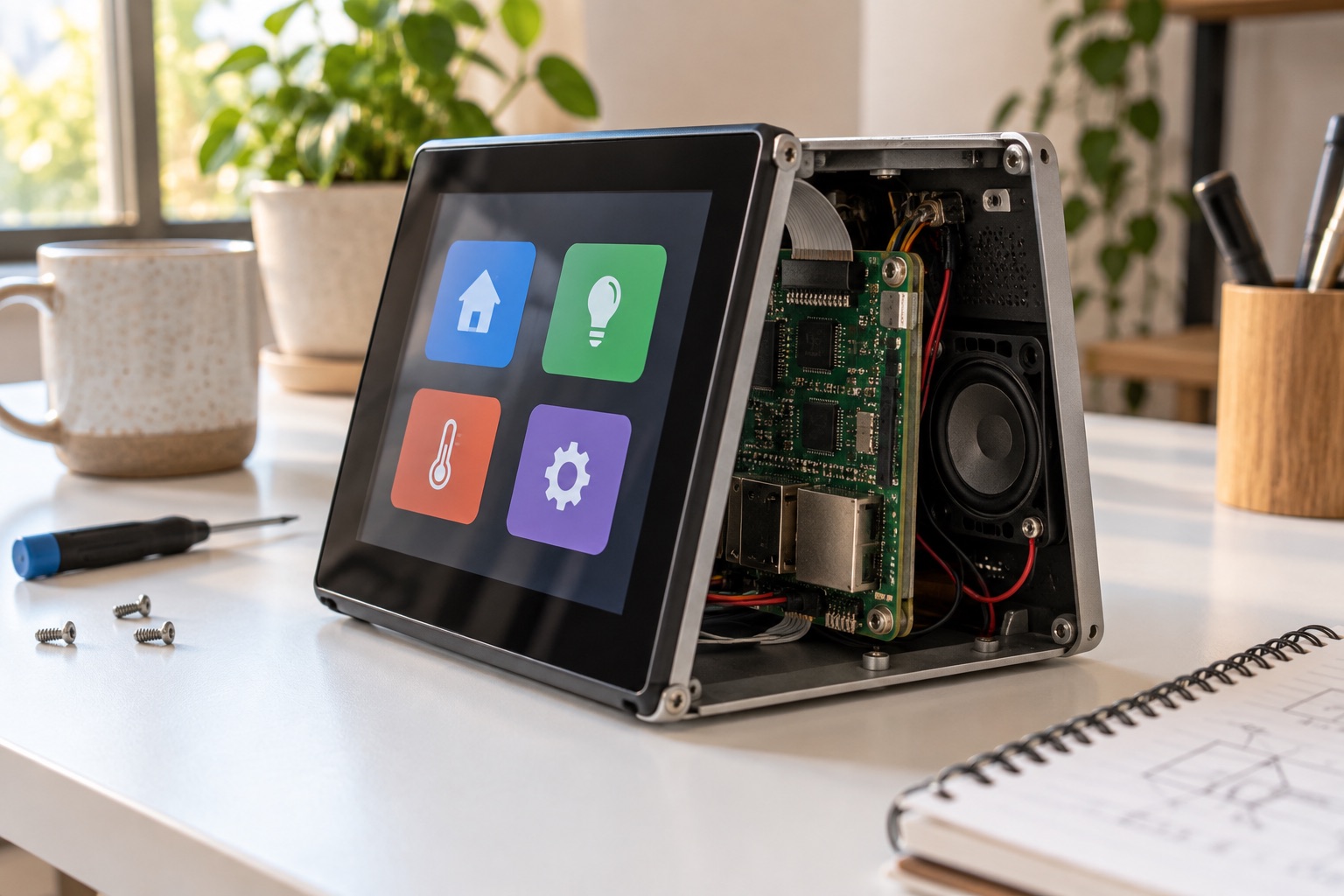 Illustrative open smart-terminal prototype with a touch display, embedded board, and speaker