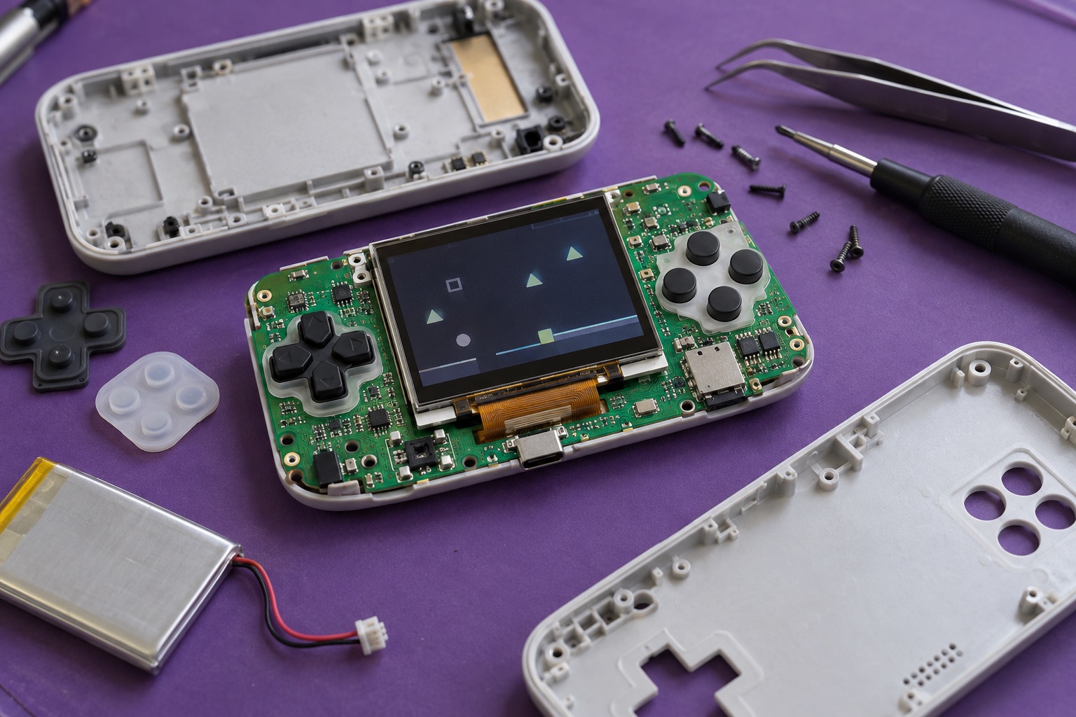 Illustrative Linux handheld undergoing button, display, and battery evaluation on a workbench