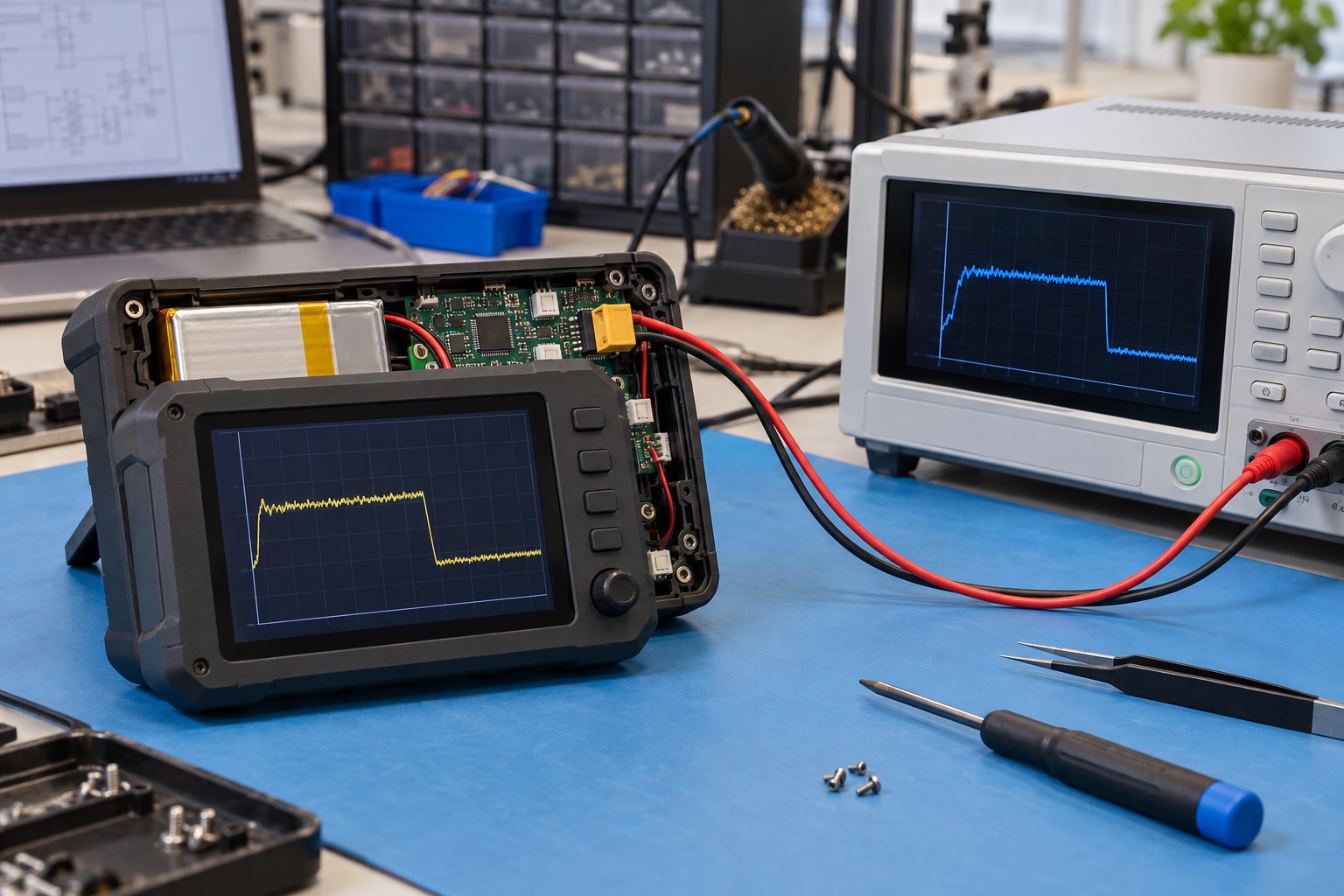 Illustrative portable measurement instrument with exposed electronics beside a power analyzer