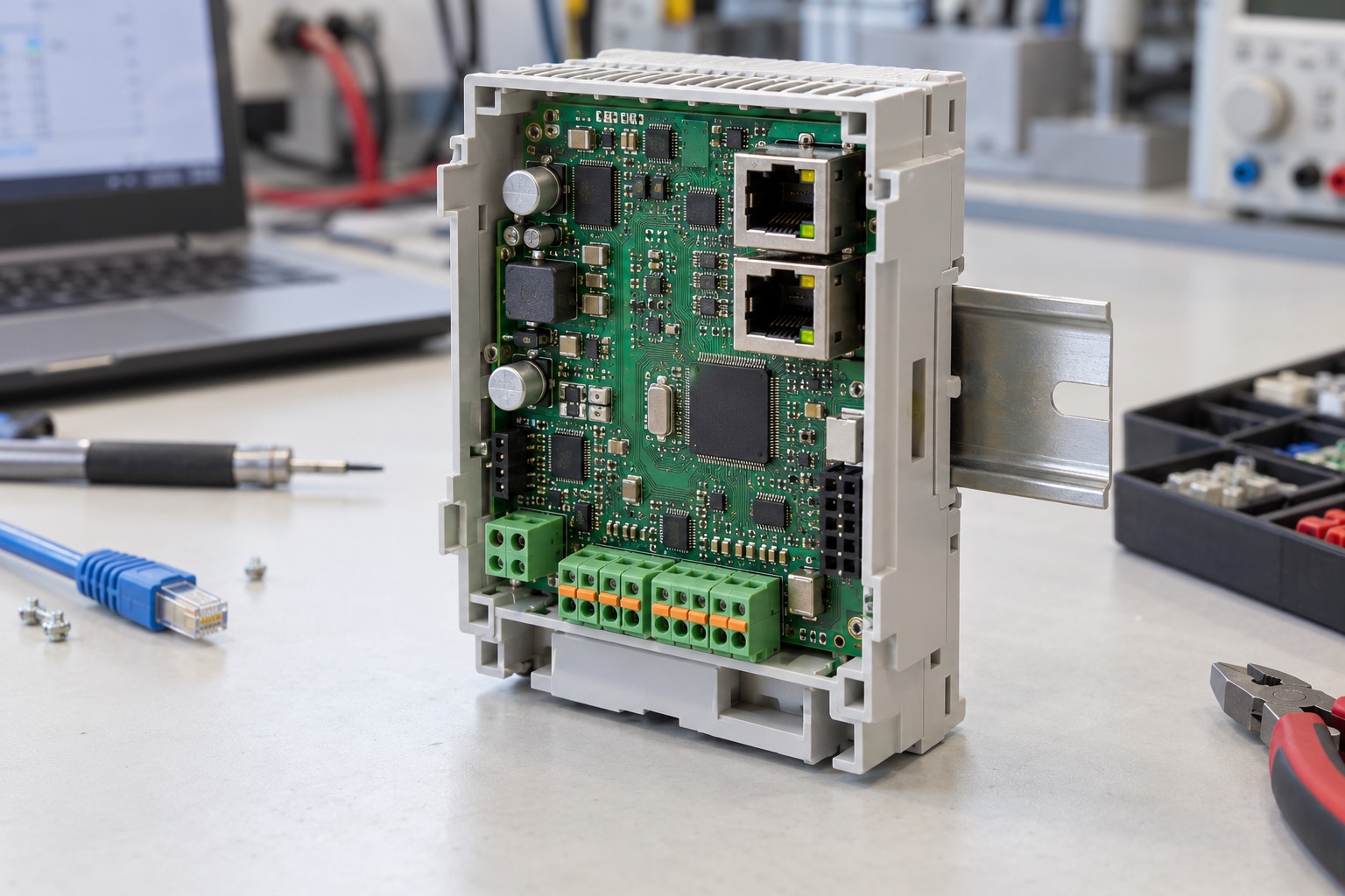 Illustrative industrial gateway board connected to network and serial test equipment