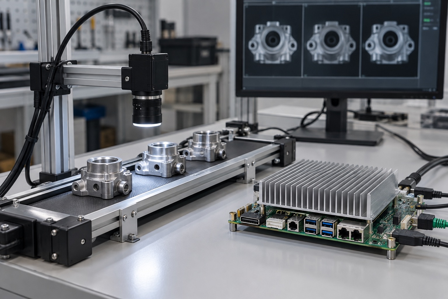 Illustrative embedded computer and machine-vision camera beside a small inspection track