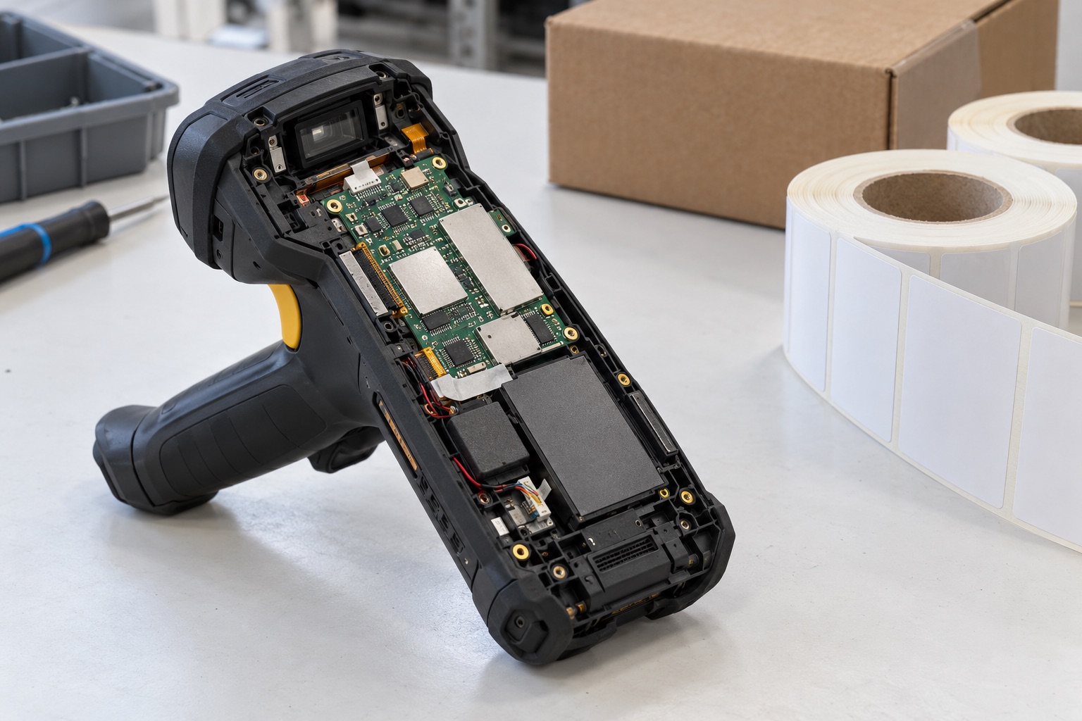 Illustrative handheld scanning terminal with exposed electronics beside label rolls