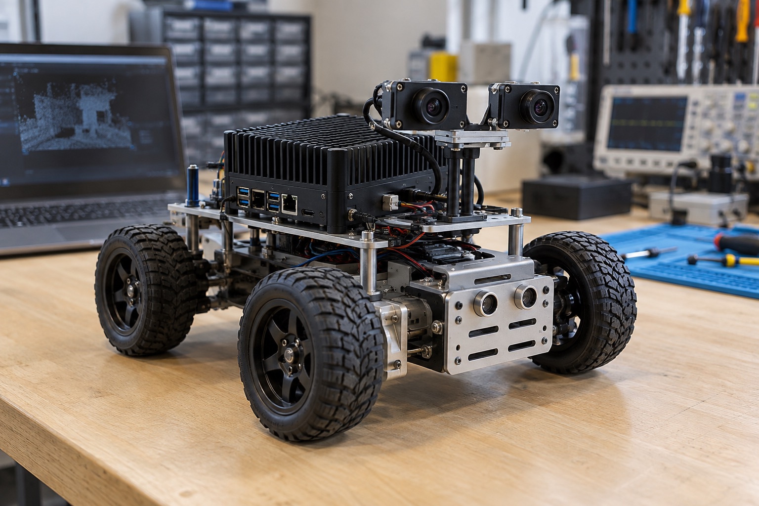 Illustrative embedded computer and paired camera sensors on a small robotics development chassis