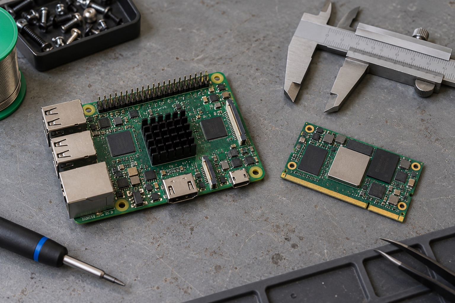 Illustrative embedded computer undergoing upgrade evaluation on a laboratory bench