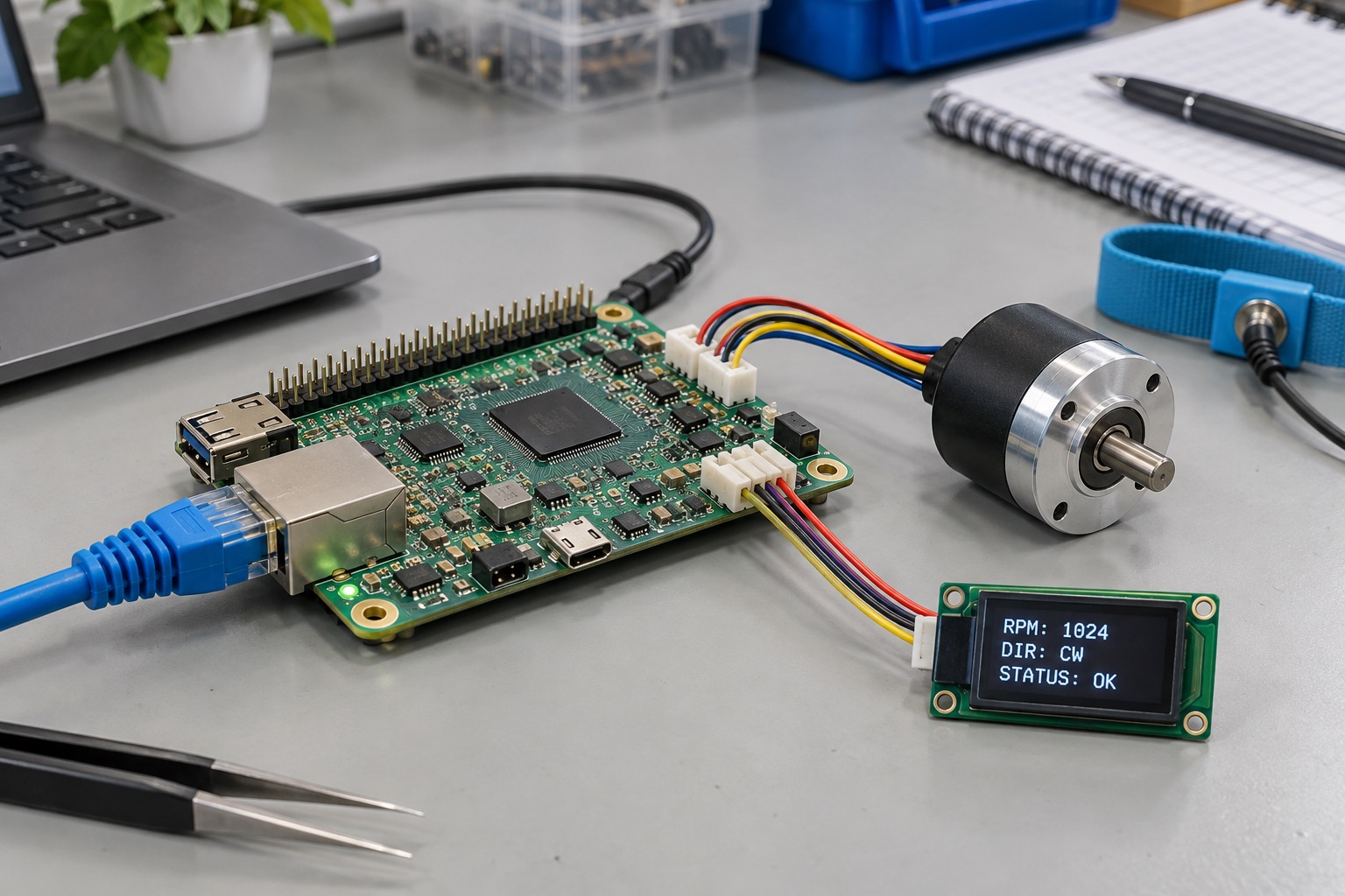 Illustrative compact control board connected to an encoder and small status display on an electronics bench