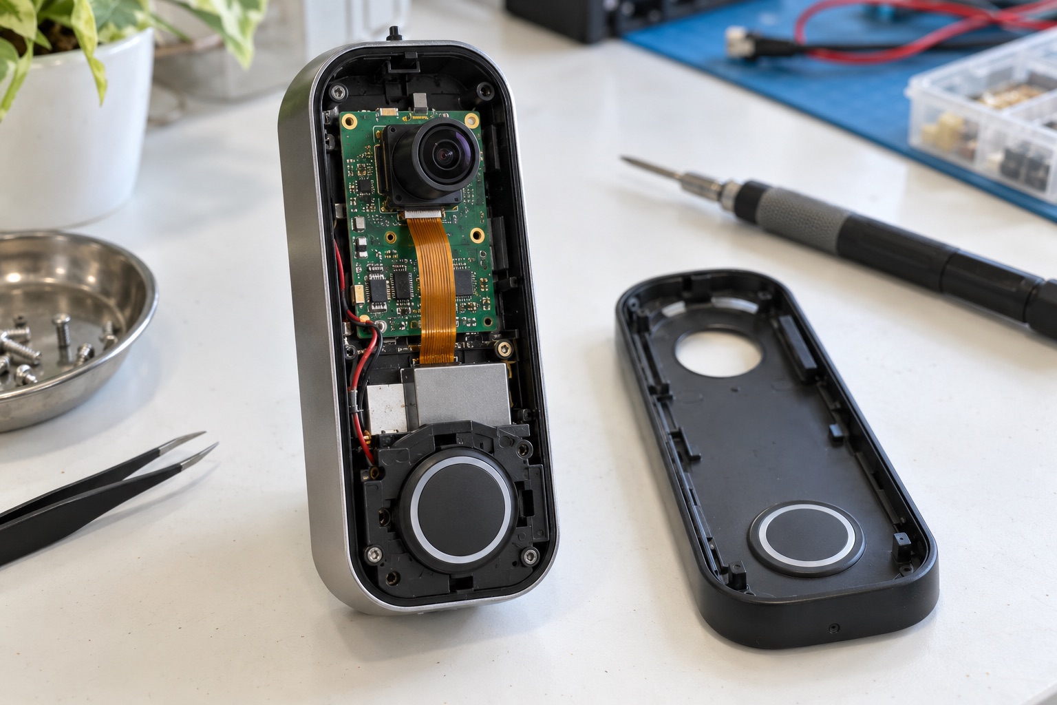 Illustrative compact camera electronics beside a doorbell enclosure and optical test target