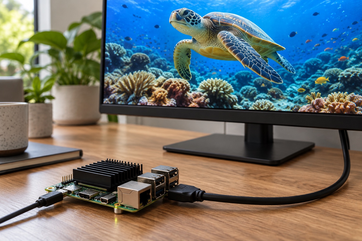 Illustrative compact media-player board connected to a display and playback test equipment