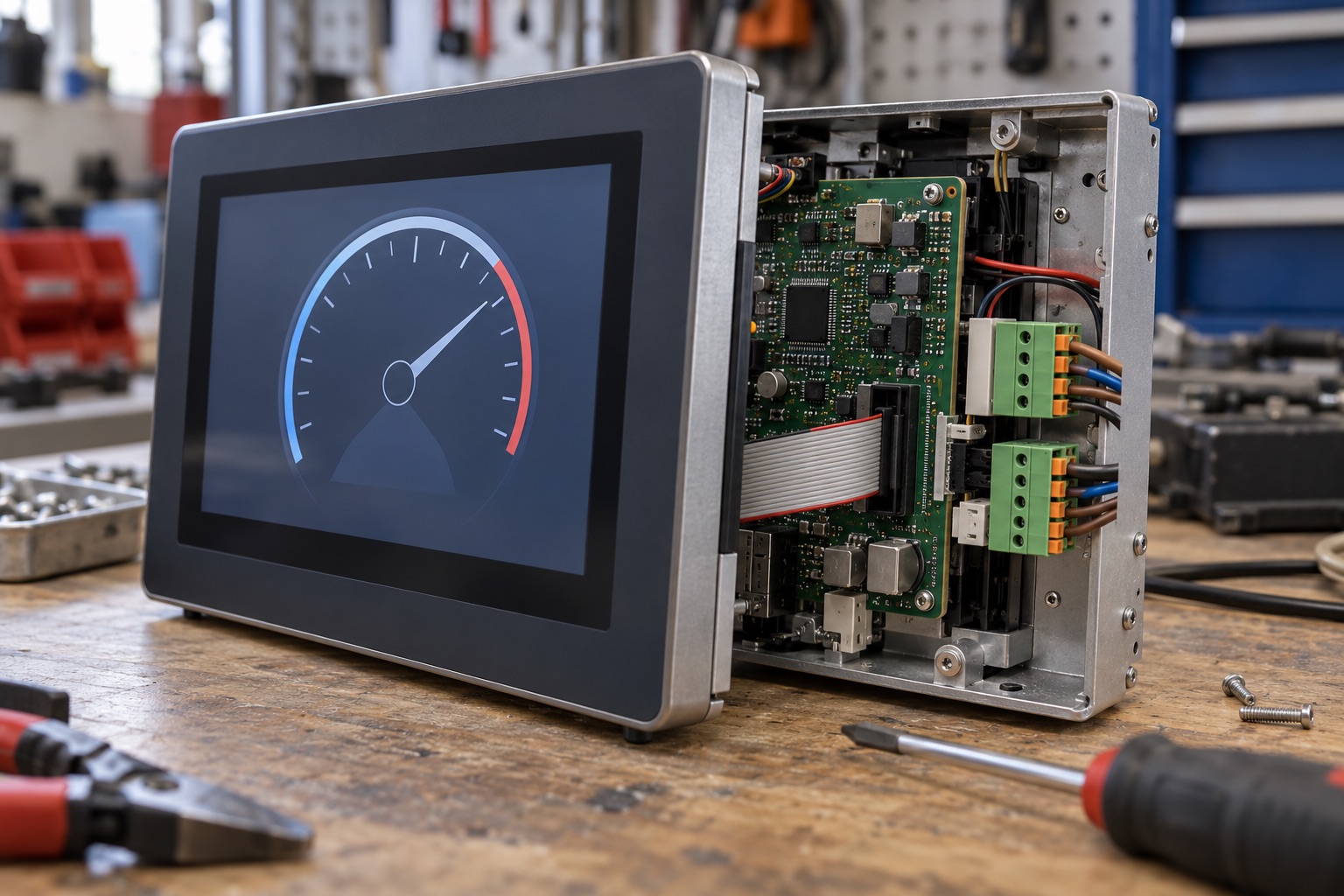 Illustrative industrial touchscreen connected to an embedded board in a workshop test fixture